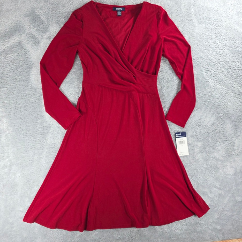 Chaps Womens Small Lakehouse Red Wrap Dress Long Sleeve V-Neck Fit & Flare